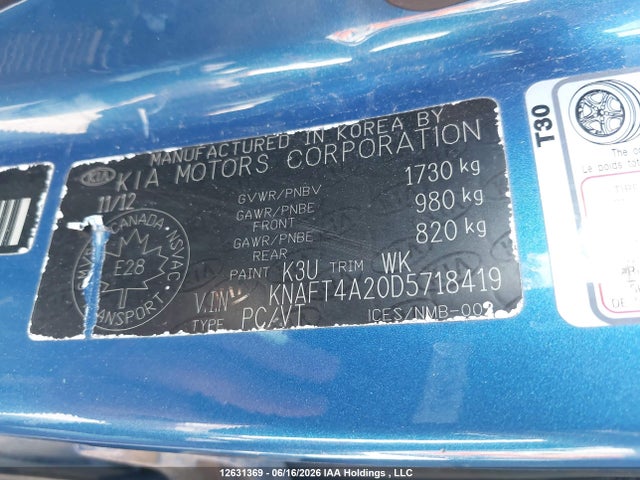 Продажа на аукционе авто 2013 Kia Forte Lx, vin: KNAFT4A20D5718419, номер лота: 12631369