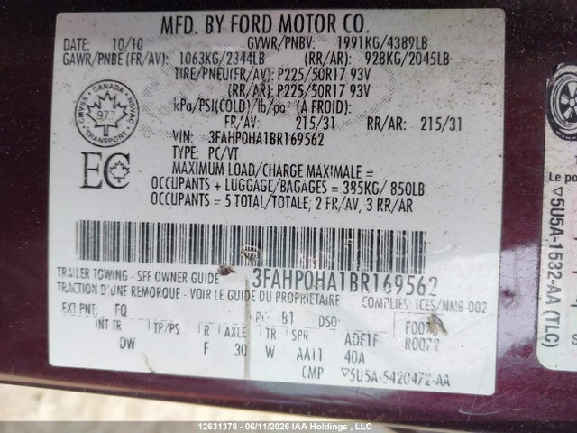 12631378 :رقم المزاد ، 3FAHP0HA1BR169562 vin ، 2011 Ford Fusion Se مزاد بيع