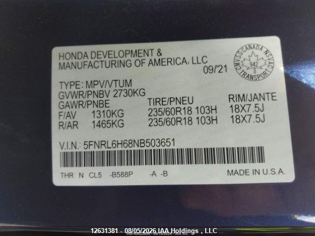 Продаж на аукціоні авто 2022 Honda Odyssey Exl, vin: 5FNRL6H68NB503651, номер лоту: 12631381