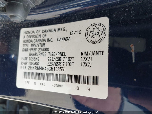 Honda CR-V SE 2016 2HKRM4H49GH108561 Image 9