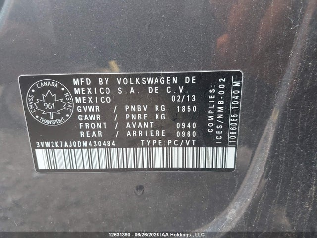12631390 :رقم المزاد ، 3VW2K7AJ0DM430484 vin ، 2013 Volkswagen Jetta 2.0l Trendline/2.0l Trendline+ مزاد بيع