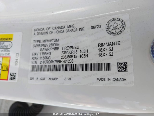12631391 :رقم المزاد ، 2HKRS6H79RH201238 vin ، 2024 Honda Cr-v Ex-l Hybrid مزاد بيع