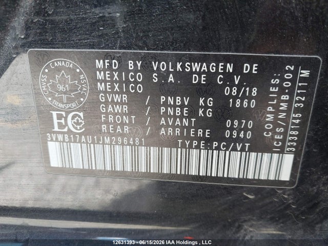 3VWB17AU1JM296481 Volkswagen GOLF S/SE