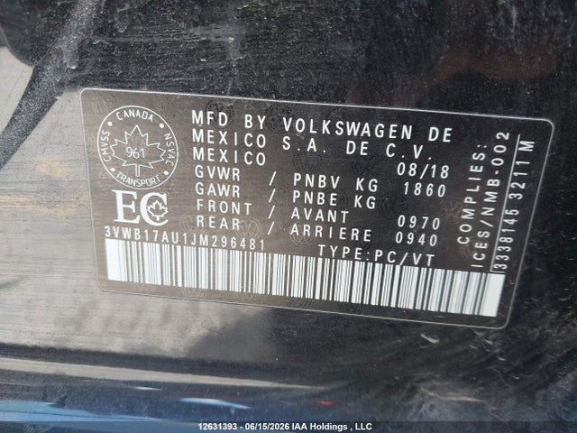 3VWB17AU1JM296481 Volkswagen GOLF S/SE