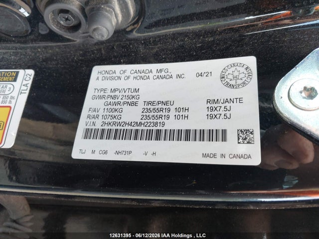 Продаж на аукціоні авто 2021 Honda Cr-v Sport, vin: 2HKRW2H42MH223819, номер лоту: 12631395