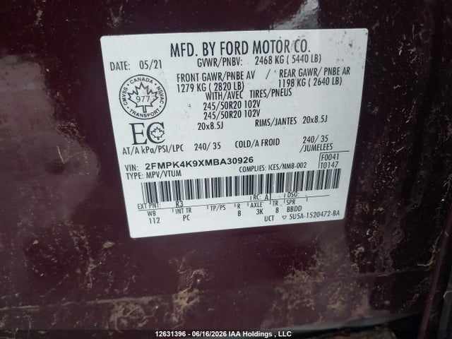 Продаж на аукціоні авто 2021 Ford Edge, vin: 2FMPK4K9XMBA30926, номер лоту: 12631396