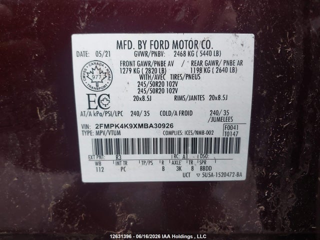 Продаж на аукціоні авто 2021 Ford Edge, vin: 2FMPK4K9XMBA30926, номер лоту: 12631396