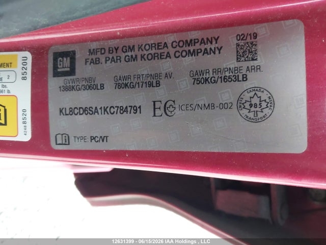 Продаж на аукціоні авто 2019 Chevrolet Spark 1lt Cvt, vin: KL8CD6SA1KC784791, номер лоту: 12631399