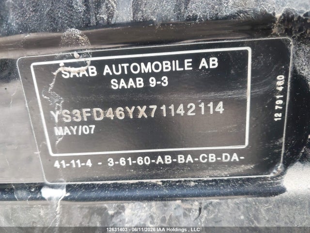 Продаж на аукціоні авто 2007 Saab 9-3, vin: YS3FD46YX71142114, номер лоту: 12631403