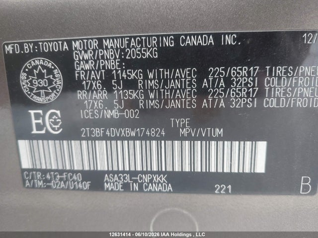 2011 Toyota Rav4 მანქანა იყიდება აუქციონზე, vin: 2T3BF4DVXBW174824, აუქციონის ნომერი: 12631414