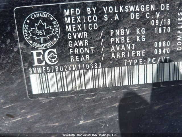 3VWE57BU2KM110383 Volkswagen Jetta 1.4 Tsi Highline