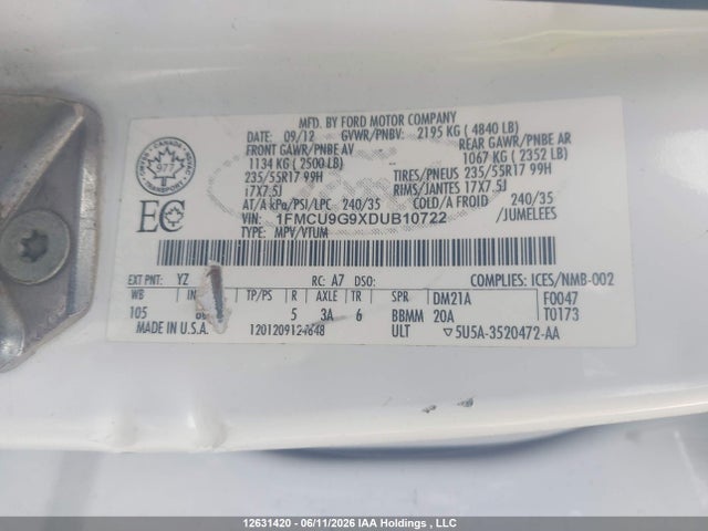 Продаж на аукціоні авто 2013 Ford Escape Se, vin: 1FMCU9G9XDUB10722, номер лоту: 12631420