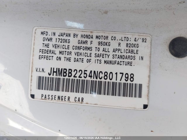 Aukcja sprzedaży 1992 Honda Prelude Si Alb/sr, vin: JHMBB2254NC801798, numer aukcji: 12631426