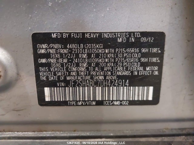 Aukcja sprzedaży 2013 Subaru Forester 2.5x, vin: JF2SHABC7DH424914, numer aukcji: 12631435