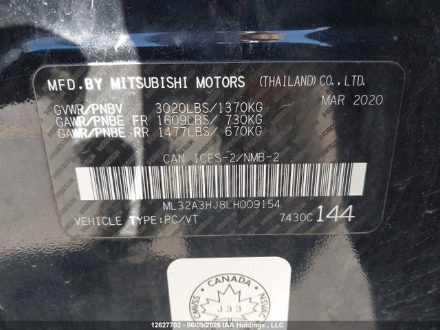Aukcja sprzedaży 2020 Mitsubishi Mirage Es/se, vin: ML32A3HJ8LH009154, numer aukcji: 12627702