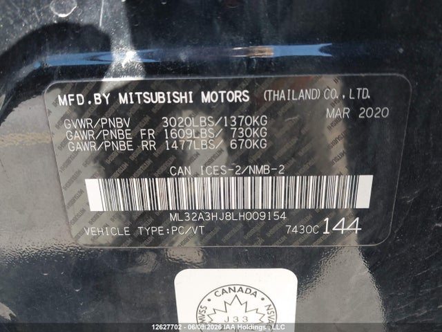 Aukcja sprzedaży 2020 Mitsubishi Mirage Es/se, vin: ML32A3HJ8LH009154, numer aukcji: 12627702
