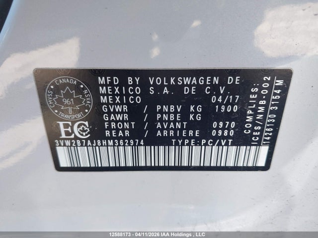 Aukcja sprzedaży 2017 Volkswagen Jetta 1.4 Tsi Trendline+, vin: 3VW2B7AJ8HM362974, numer aukcji: 12588173