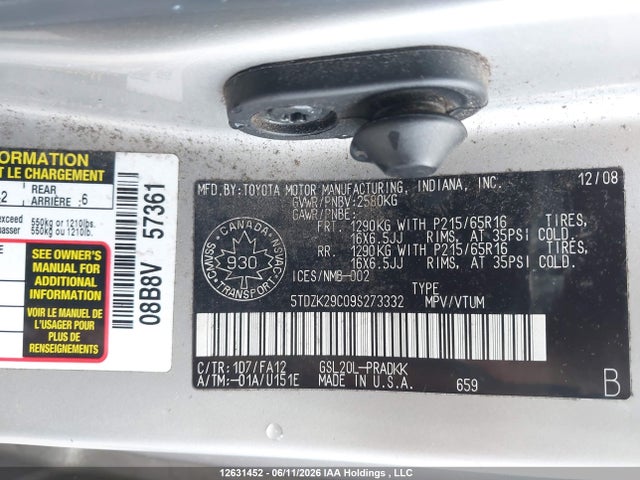12631452 :رقم المزاد ، 5TDZK29C09S273332 vin ، 2009 Toyota Sienna Ce مزاد بيع