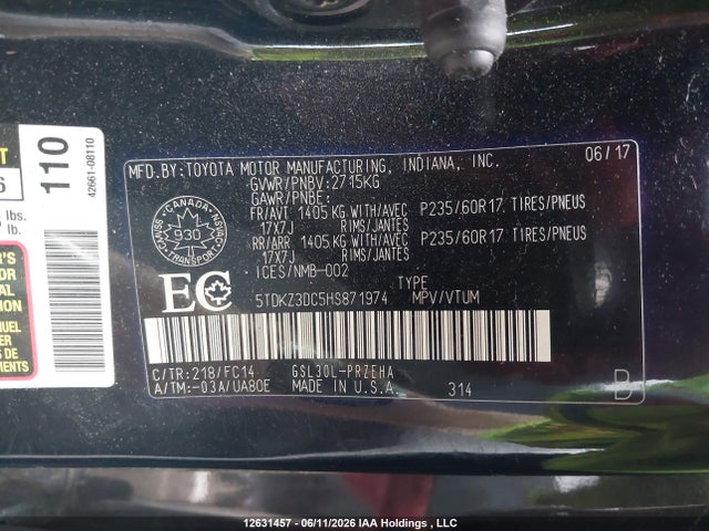 2017 Toyota Sienna Le 8 Passenger მანქანა იყიდება აუქციონზე, vin: 5TDKZ3DC5HS871974, აუქციონის ნომერი: 12631457