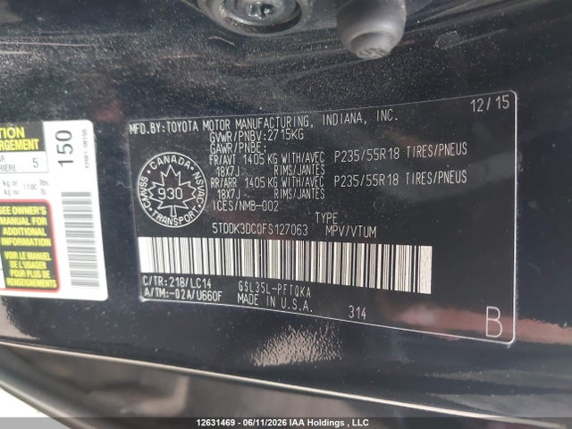 Продаж на аукціоні авто 2015 Toyota Sienna Xle/limited, vin: 5TDDK3DC0FS127063, номер лоту: 12631469