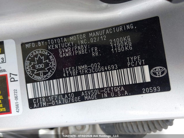 2012 Toyota Camry Xle მანქანა იყიდება აუქციონზე, vin: 4T1BF1FK3CU064693, აუქციონის ნომერი: 12631475