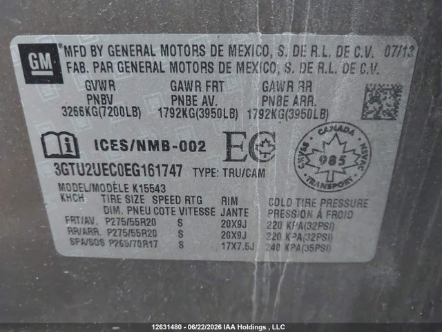 Aukcja sprzedaży 2014 Gmc Sierra 1500, vin: 3GTU2UEC0EG161747, numer aukcji: 12631480
