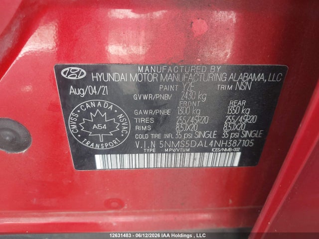 5NMS5DAL4NH387105 Hyundai Santa Fe Ultimate Calligraphy