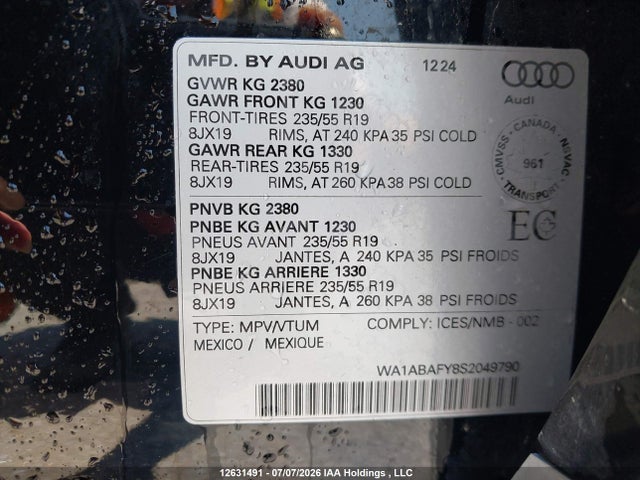 2025 Audi Q5 Premium 40 მანქანა იყიდება აუქციონზე, vin: WA1ABAFY8S2049790, აუქციონის ნომერი: 12631491