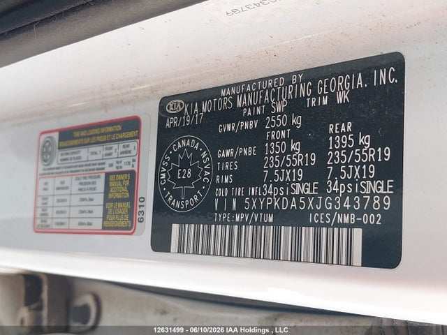 Продажа на аукционе авто 2018 Kia Sorento Sx/sx Limited, vin: 5XYPKDA5XJG343789, номер лота: 12631499