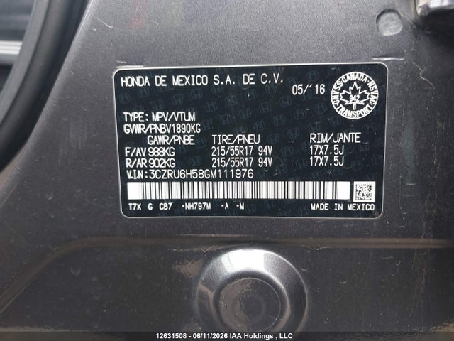 2016 Honda Hr-v Ex მანქანა იყიდება აუქციონზე, vin: 3CZRU6H58GM111976, აუქციონის ნომერი: 12631508