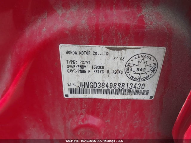 12631518 :رقم المزاد ، JHMGD38498S813430 vin ، 2008 Honda Fit مزاد بيع