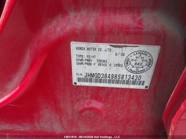 12631518 :رقم المزاد ، JHMGD38498S813430 vin ، 2008 Honda Fit مزاد بيع