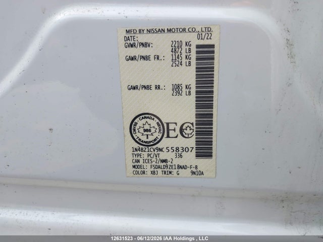 Продаж на аукціоні авто 2022 Nissan Leaf Sv Plus, vin: 1N4BZ1CV9NC558307, номер лоту: 12631523