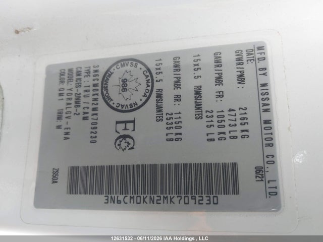 12631532 :رقم المزاد ، 3N6CM0KN2MK709230 vin ، 2021 Nissan Nv200 S/sv مزاد بيع
