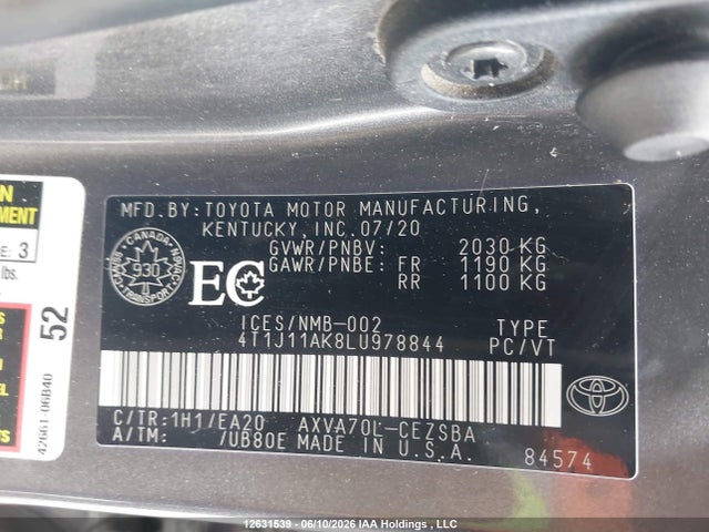 2020 Toyota Camry Se მანქანა იყიდება აუქციონზე, vin: 4T1J11AK8LU978844, აუქციონის ნომერი: 12631539