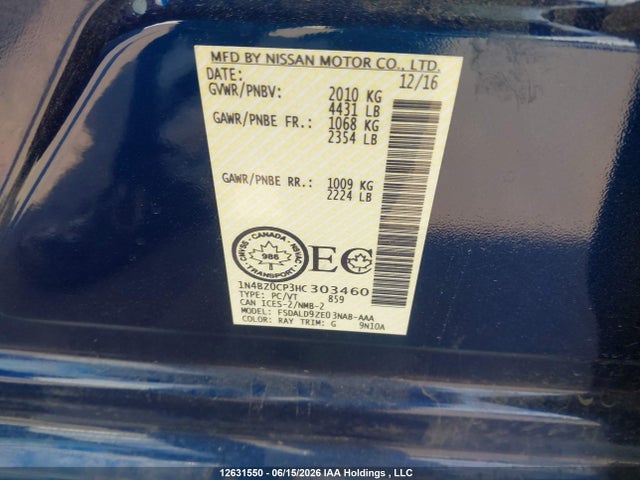 1N4BZ0CP3HC303460 Nissan Leaf S/sl/sv