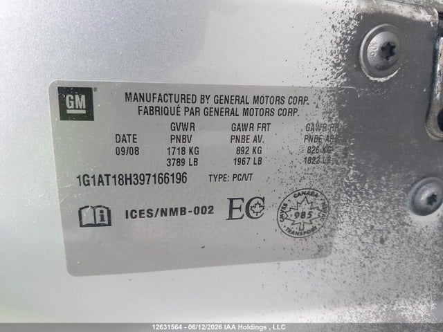 Продажа на аукционе авто 2009 Chevrolet Cobalt Lt, vin: 1G1AT18H397166196, номер лота: 12631564