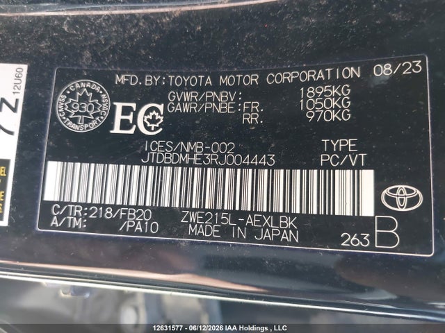 Aukcja sprzedaży 2024 Toyota Corolla Hybrid Le, vin: JTDBDMHE3RJ004443, numer aukcji: 12631577
