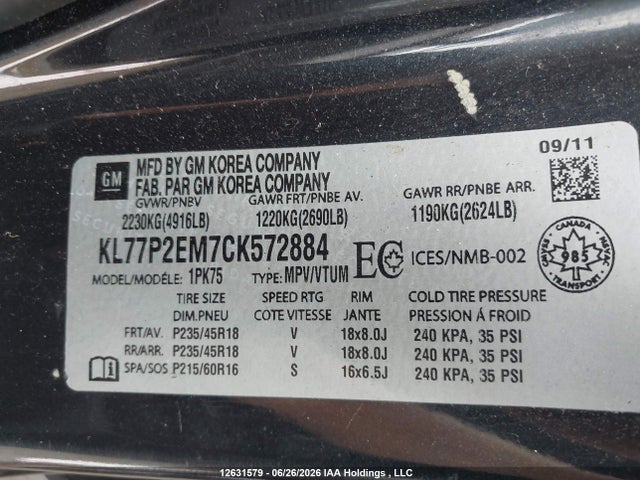Aukcja sprzedaży 2012 Chevrolet Orlando 1lt/2lt, vin: KL77P2EM7CK572884, numer aukcji: 12631579