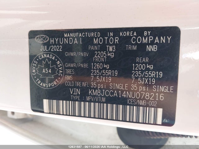 2022 Hyundai Tucson Luxury/ultimate მანქანა იყიდება აუქციონზე, vin: KM8JCCA14NU078216, აუქციონის ნომერი: 12631587