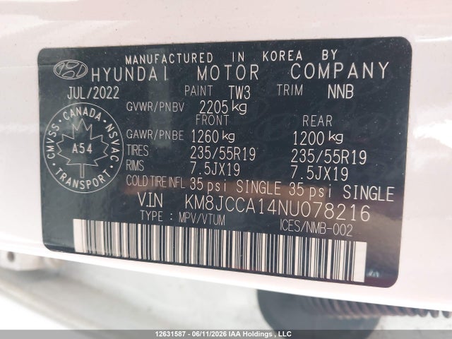2022 Hyundai Tucson Luxury/ultimate მანქანა იყიდება აუქციონზე, vin: KM8JCCA14NU078216, აუქციონის ნომერი: 12631587