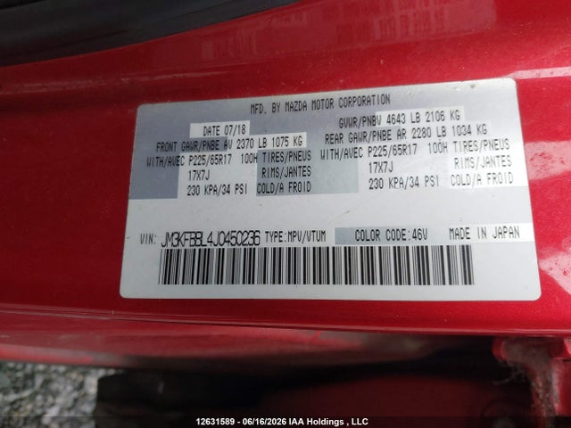 Aukcja sprzedaży 2018 Mazda Cx-5 Gx, vin: JM3KFBBL4J0450236, numer aukcji: 12631589