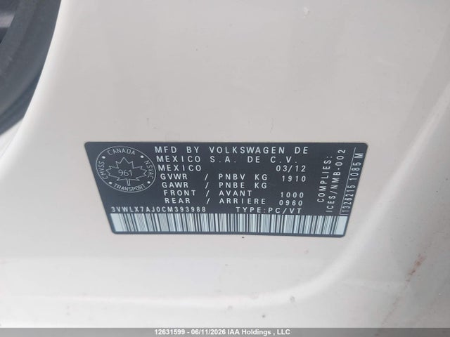 Продажа на аукционе авто 2012 Volkswagen Jetta Sel, vin: 3VWLX7AJ0CM393988, номер лота: 12631599