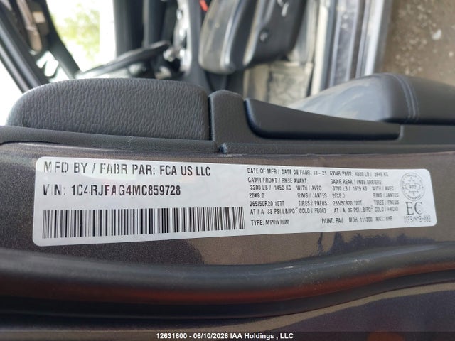 Aukcja sprzedaży 2021 Jeep Grand Cherokee Laredo, vin: 1C4RJFAG4MC859728, numer aukcji: 12631600