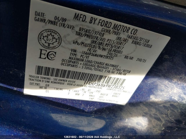 12631602 :رقم المزاد ، 1FAHP36N69W238325 vin ، 2009 Ford Focus Ses مزاد بيع