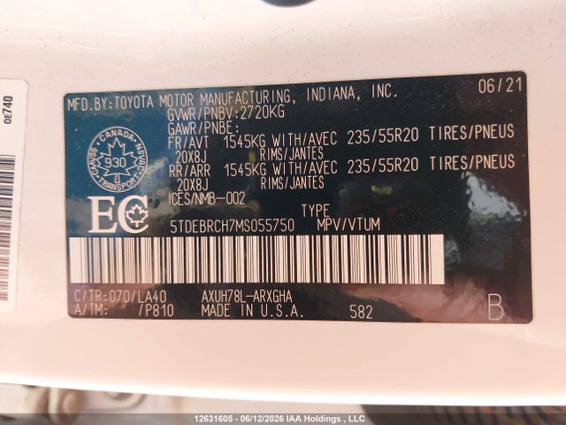 12631605 :رقم المزاد ، 5TDEBRCH7MS055750 vin ، 2021 Toyota Highlander Hybrid Limited مزاد بيع