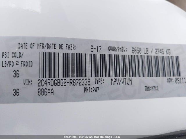 Aukcja sprzedaży 2017 Dodge Grand Caravan Cvp/sxt, vin: 2C4RDGBG2HR872339, numer aukcji: 12631608