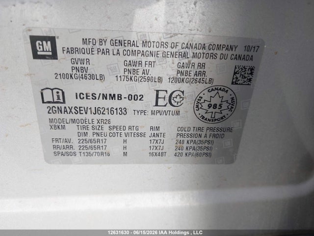 Продаж на аукціоні авто 2018 Chevrolet Equinox Lt, vin: 2GNAXSEV1J6216133, номер лоту: 12631630
