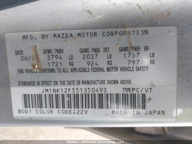 Продаж на аукціоні авто 2005 Mazda Mazda3 Gs/gx, vin: JM1BK12F551350493, номер лоту: 12628433