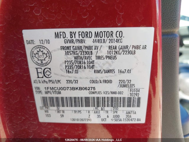 12628475 :رقم المزاد ، 1FMCU0D73BKB06275 vin ، 2011 Ford Escape Xlt Automatic مزاد بيع